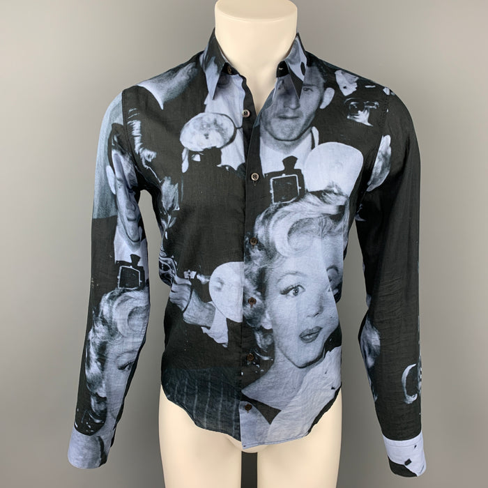 DRIES VAN NOTEN S/S 16 Size S Black & Blue Marilyn Monroe Print Cotton Button Down Long Sleeve Shirt