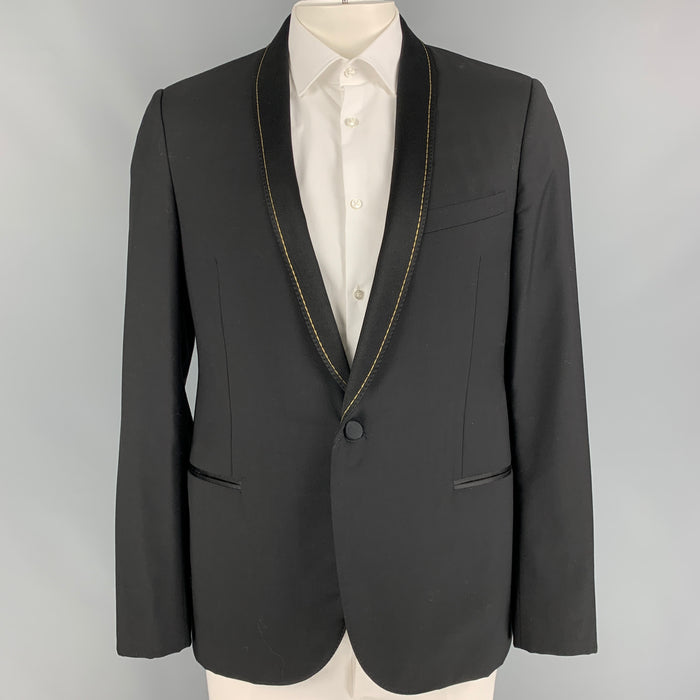 LANVIN Size 44 Black Gold Contrast Stitch Wool Shawl Collar Sport Coat