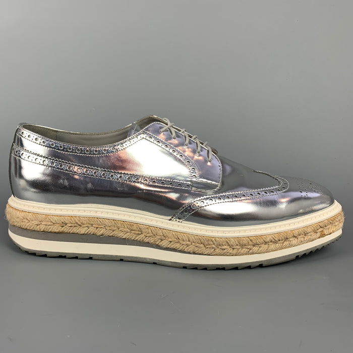 PRADA Size 12 Silver Metallic Leather Platform Lace Up Shoes