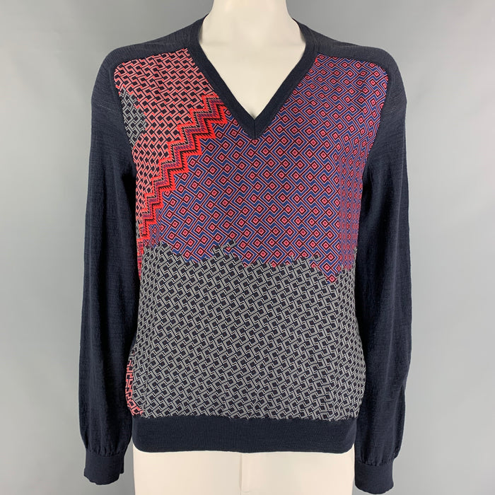 LANVIN Size XL Navy Red Cotton Nylon V-Neck Pullover