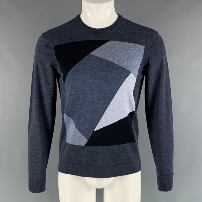 EMPORIO ARMANI Size S Charcoal Grey Color Block Wool Blend Crew-Neck Pullover