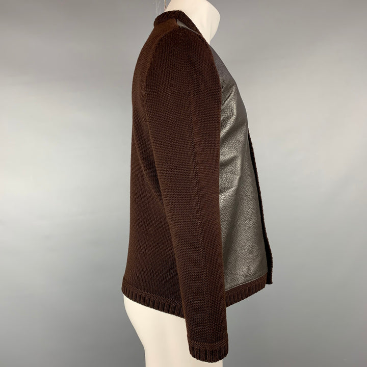 BALLY Size M Brown Wool Leather Trim Buttoned Cardigan