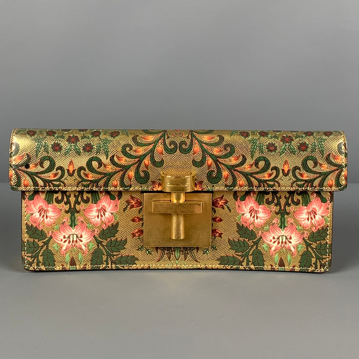 OSCAR DE LA RENTA Pre-Fall 19 Gold Alibi Floral Metallic Leather Clutch Handbag