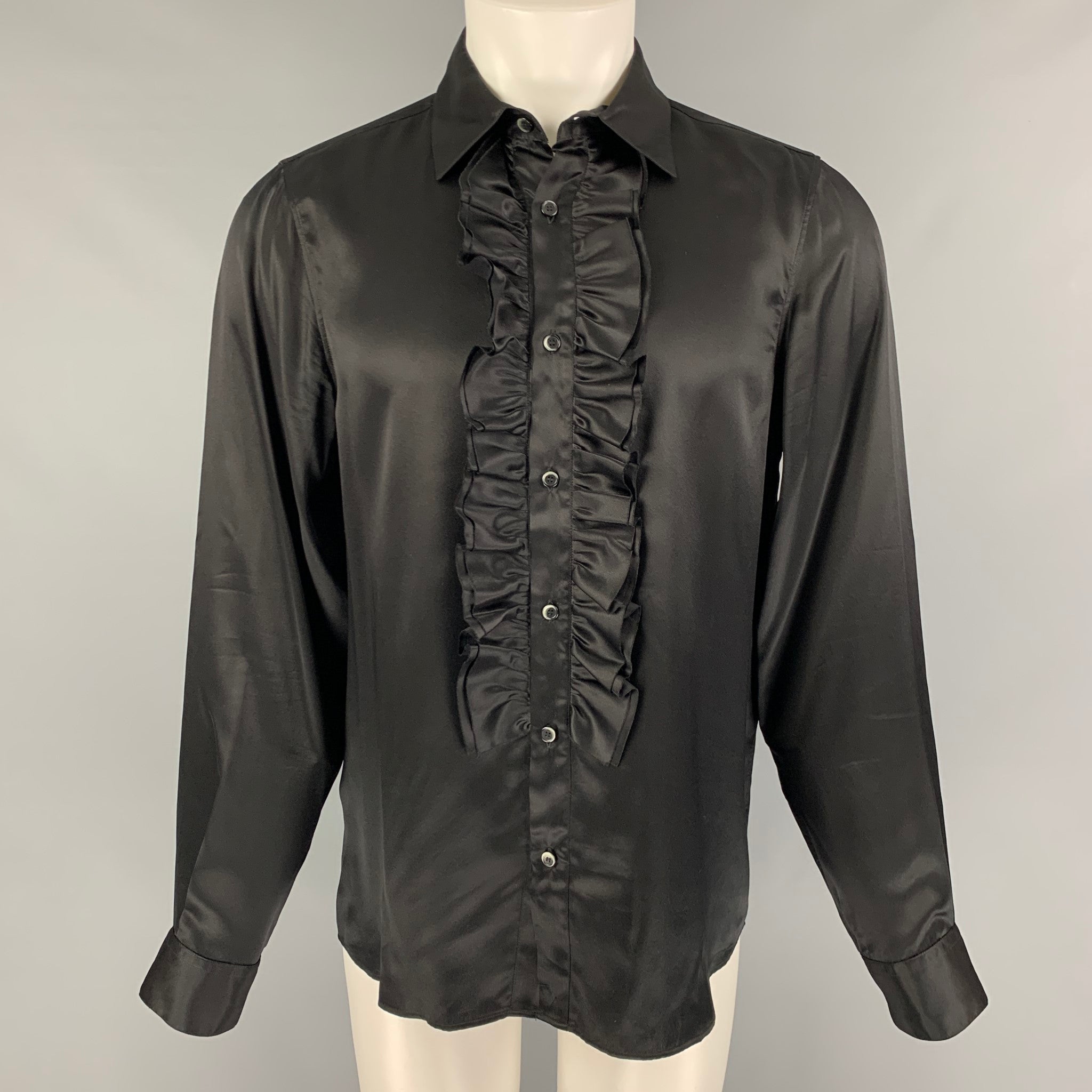 JOHN GALLIANO Size M Black Ruffled Silk Button Up Long Sleeve