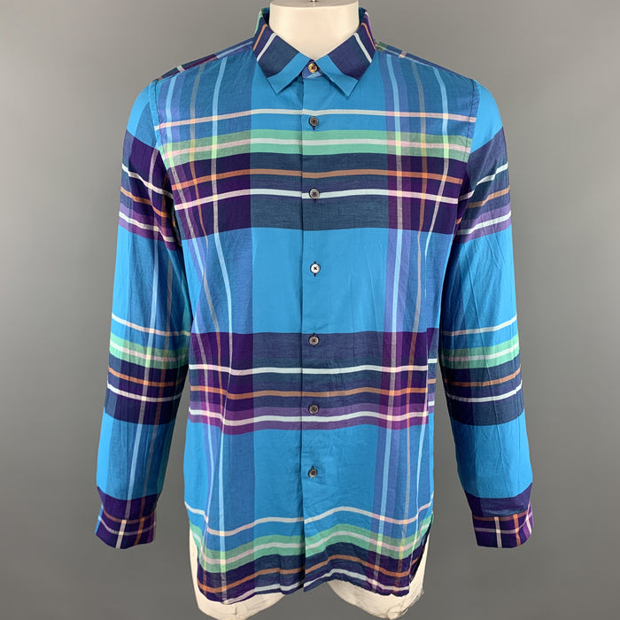 PAUL SMITH Camisa de manga larga con cuello puntiagudo y botones de algodón color aguamarina a cuadros talla XL