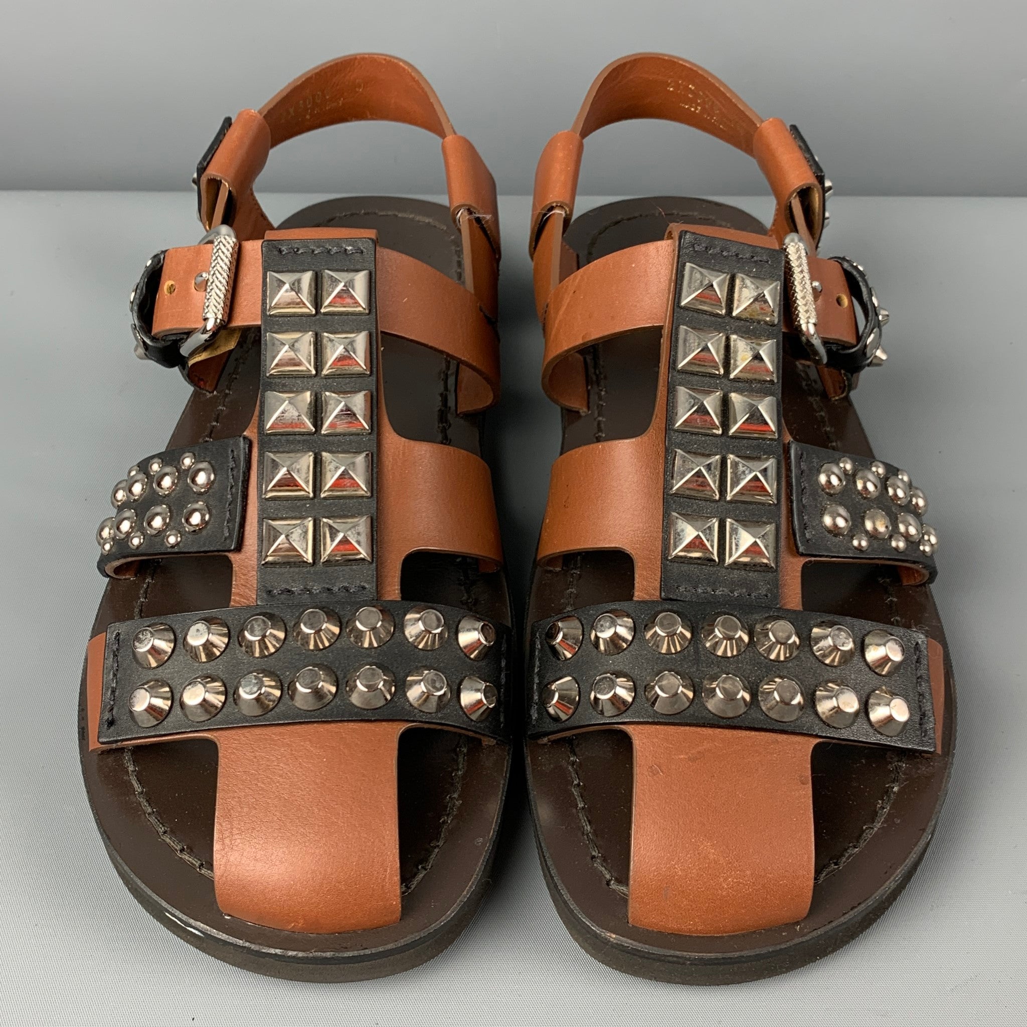 PRADA SS 18 Size 11 Black Brown Studded Leather Straps