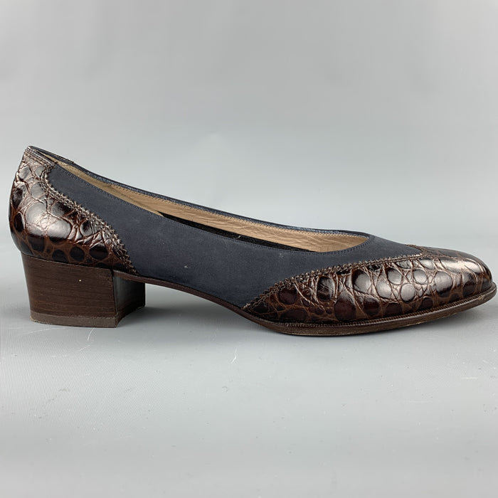 SALVATORE FERRAGAMO Size 10 Brown / Blue Suede Embossed Pumps