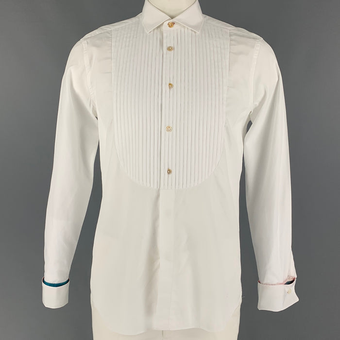 PAUL SMITH Camisa Puños Franceses Esmoquin Algodón Plisado Blanco Talla L