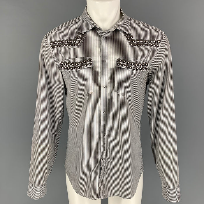 PIERRE BALMAIN Size M Black & White Silver Stripe Cotton Long Sleeve Shirt