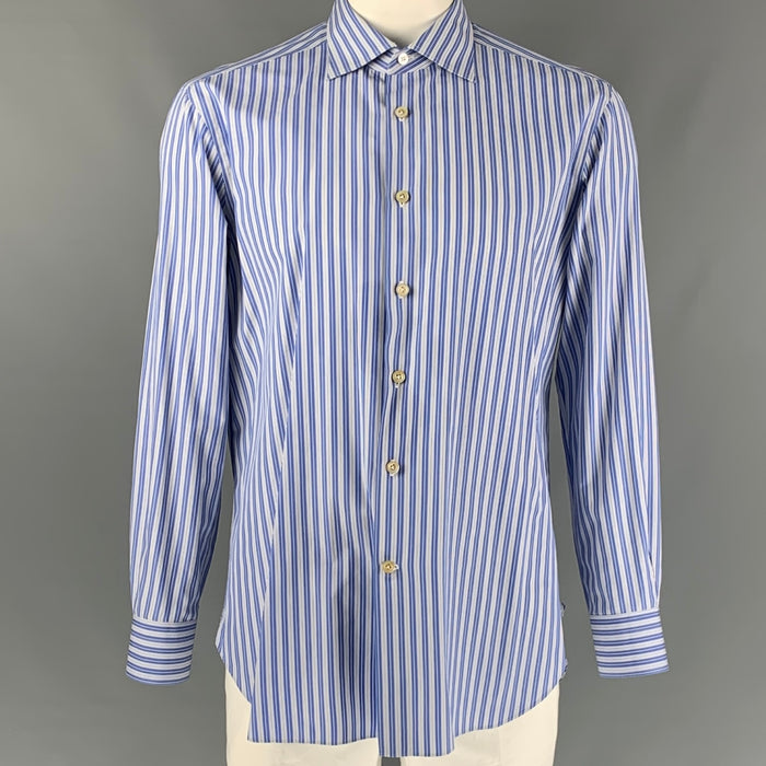KITON Size XL White & Blue Stripe Cotton Button Down Long Sleeve Shirt