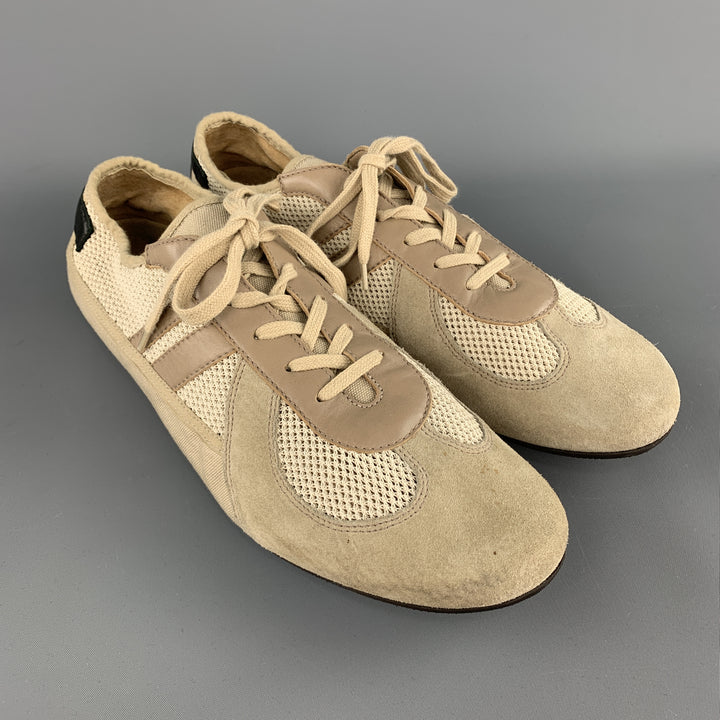 HELMUT LANG Size 11.5 Khaki Suede & Mesh Trainer Sneakers