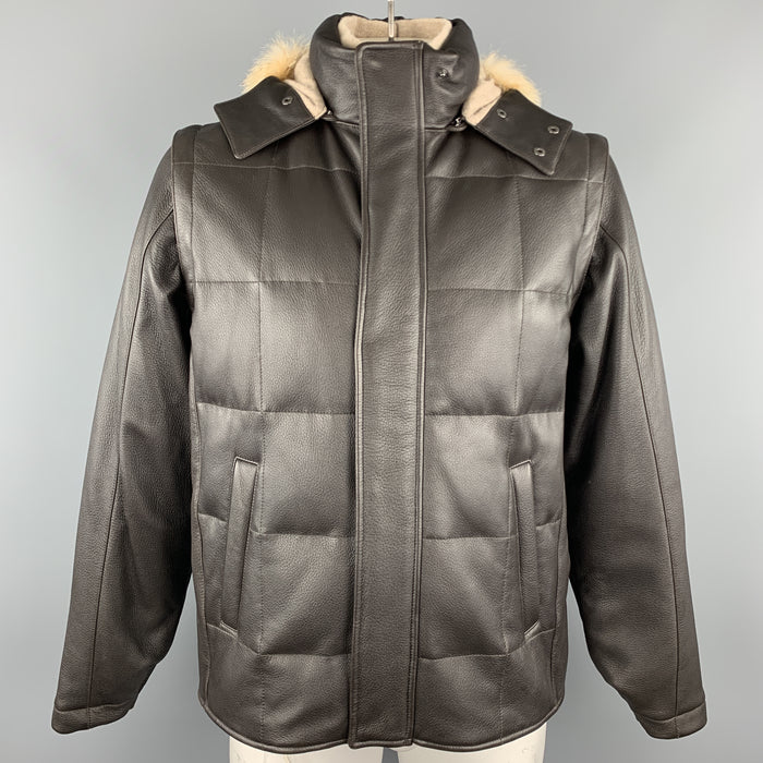 LORO PIANA Size L Brown Quilted Leather Zip Off Sleeve Fox Fur Hood Jacket
