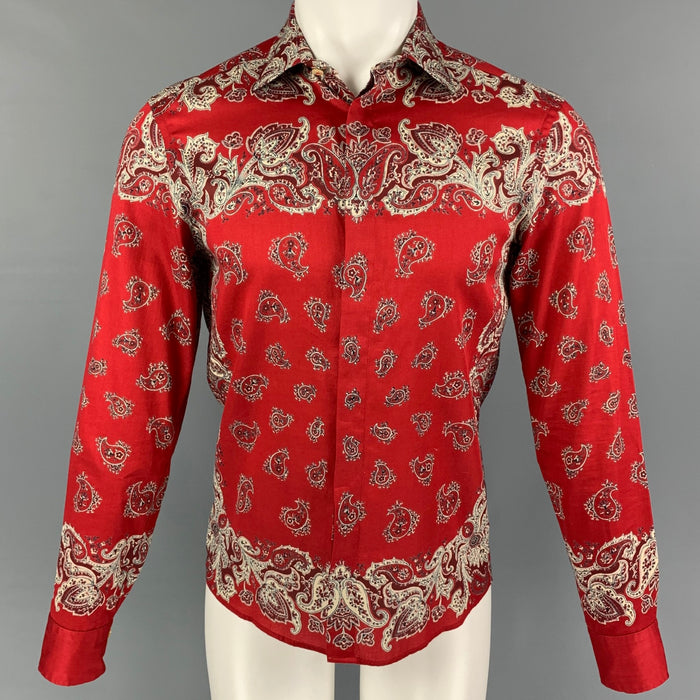 ETRO Size S Red Cream Paisley Cotton Hidden Placket Long Sleeve Shirt