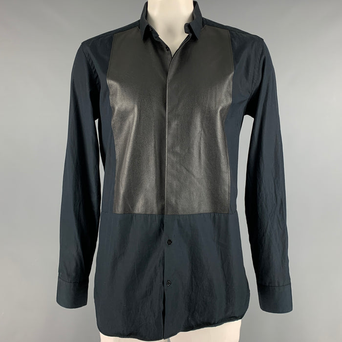 NEIL BARRETT Size L Black Mixed Fabrics Cotton Button Up Long Sleeve Shirt