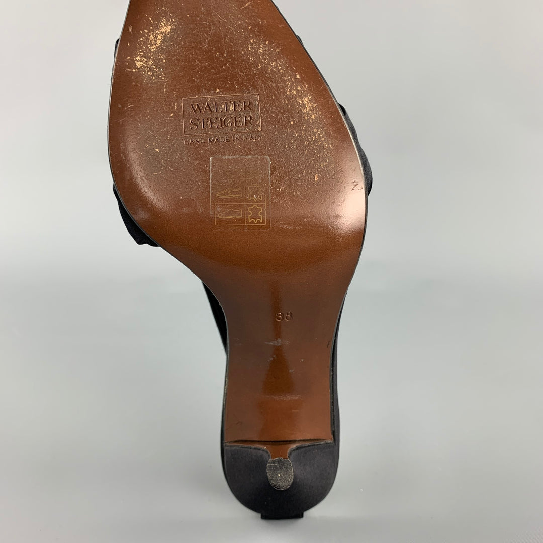 WALTER STEIGER Size 8 Black Satin Silk Ankle Strap Mules
