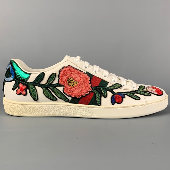 GUCCI Size 10 Multi-Color Leather Embroidered Low Top Sneakers