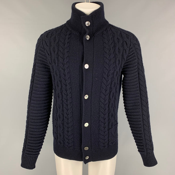 LOUIS VUITTON Size S Navy Knitted Wool Cashmere High Collar Cardigan