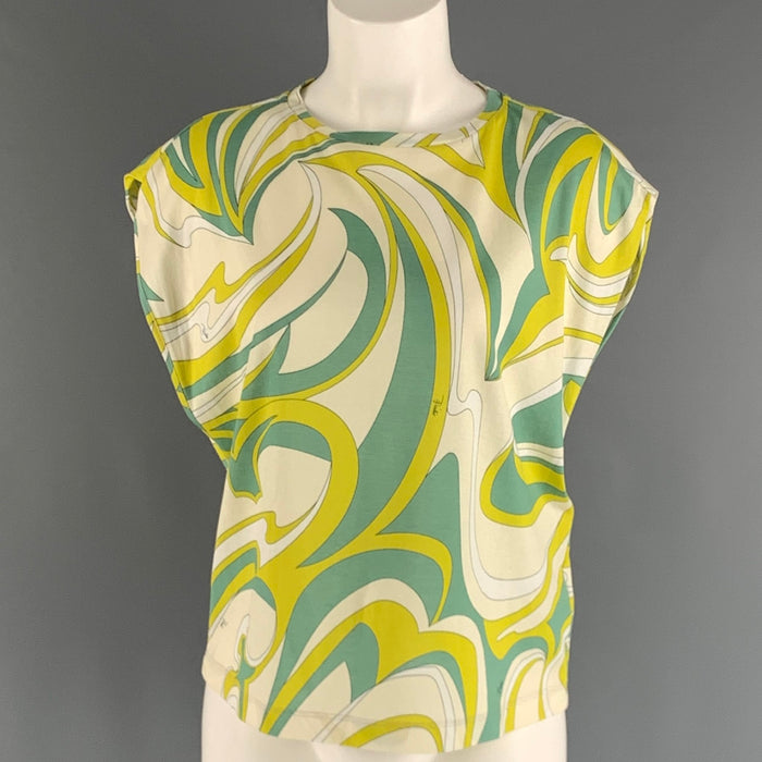 EMILIO PUCCI Size S Cream Green Cotton Abstract Sleeveless Casual Top