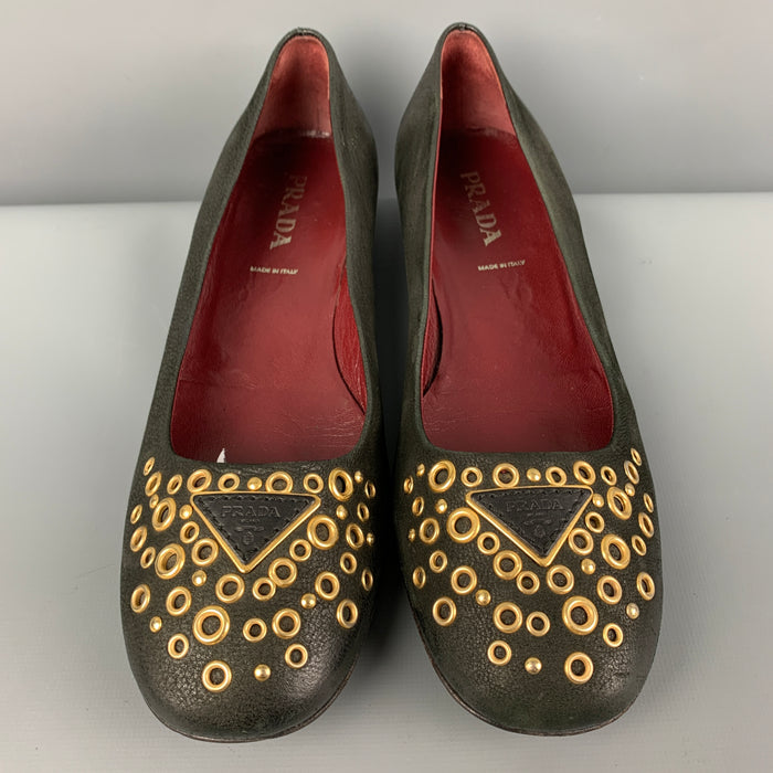 Vintage PRADA Size 6.5 Black Leather Grommet Flats