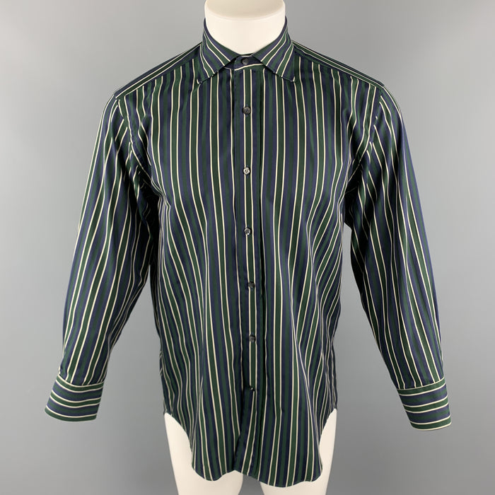 ETRO Size S Navy & Green Stripe Cotton Button Up Long Sleeve Shirt