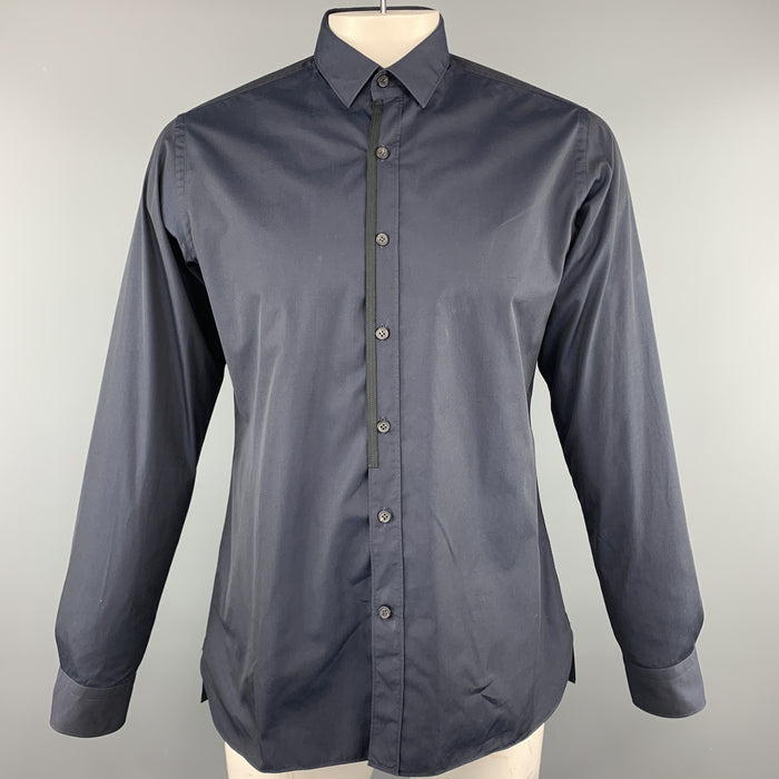 LANVIN Size L Navy Cotton Button Up Long Sleeve Shirt