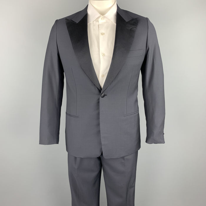 BRIONI Size 40 Regular Navy Solid Wool Peak Lapel Tuxedo