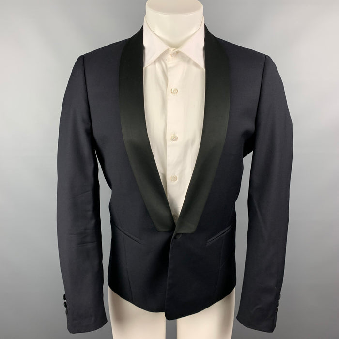 SANDRO Size 38 Navy & Black Wool Shawl Collar Sport Coat