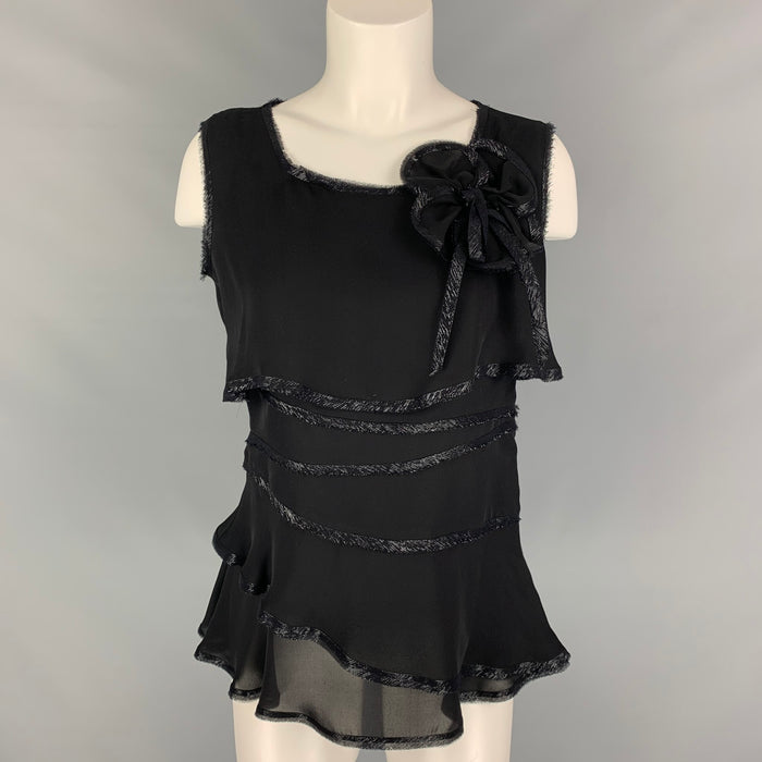 OSCAR DE LA RENTA 2011 Size 10 Black Silk Ruffled Sleeveless Blouse