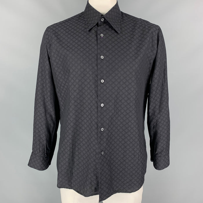 PAUL SMITH Talla XL Camisa de manga larga con botones de algodón con rombos en negro y gris