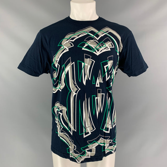ROBERTO CAVALLI Size XXL Navy White & Green Graphic Cotton Short Sleeve Shirt