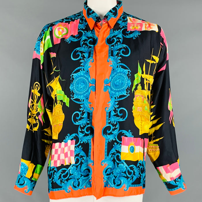 GIANNI VERSACE Size 44 Multi Color Print Silk Hidden Placket Long Sleeve Shirt