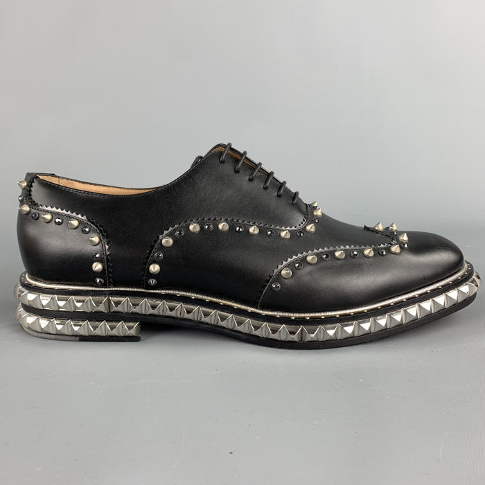 CHRISTIAN LOUBOUTIN Size 10.5 Black Studded Leather Wingtip Lace Up Shoes