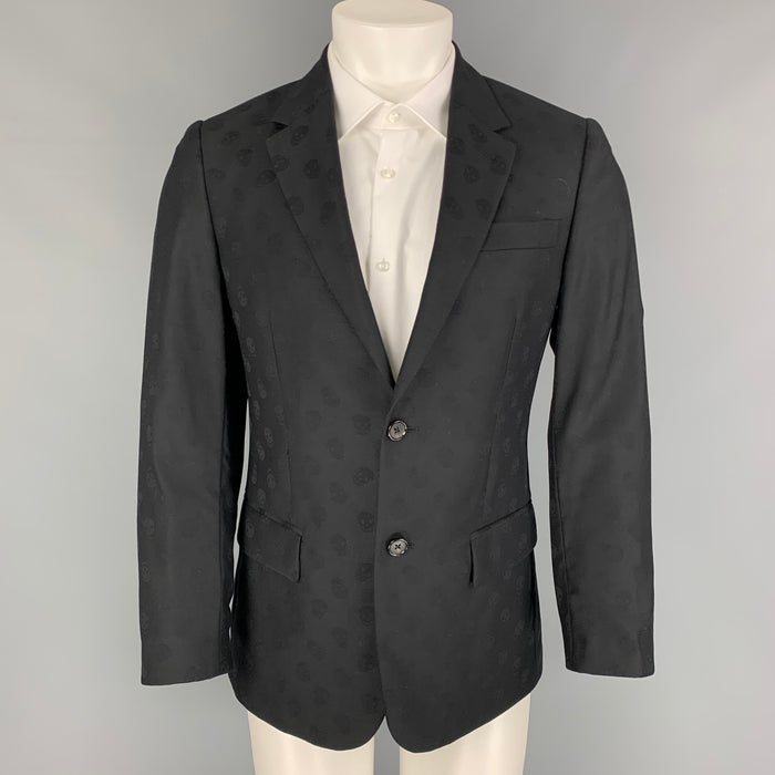ALEXANDER MCQUEEN Size 38 Black on Black Skull Print Virgin Wool Sport Coat