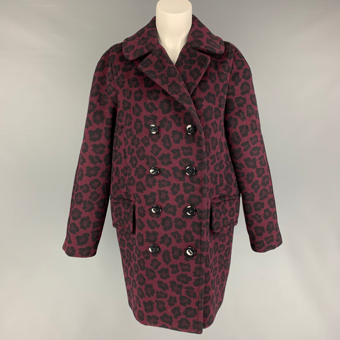 COACH Size M Burgundy Black Wool Blend Animal Print Double Breasted Coat