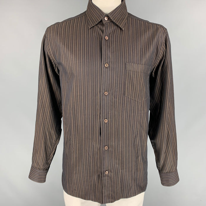 ERMENEGILDO ZEGNA Size L Brown Stripe Cotton Button Down Long Sleeve Shirt