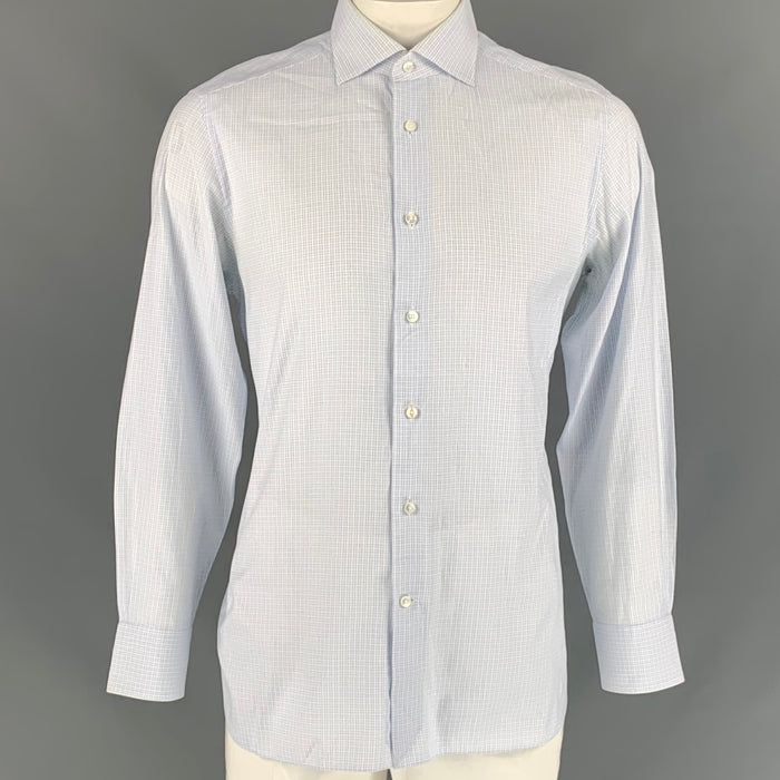 ERMENEGILDO ZEGNA Size L Light Blue Checkered Cotton Long Sleeve Shirt