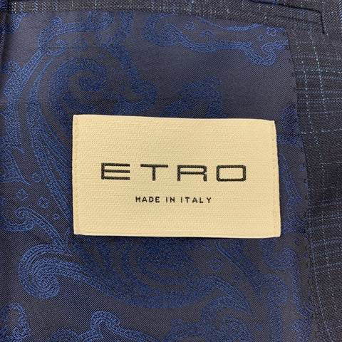 ETRO Size 38 Navy Blue Plaid Wool Blend Notch Lapel Suit