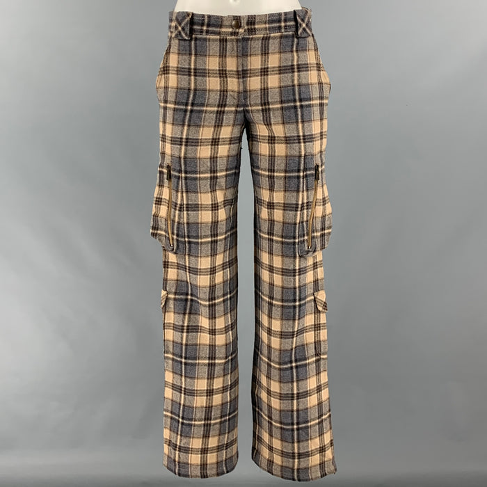 MOSCHINO Size 6 Beige Grey Virgin Wool Plaid Cargo Casual Pants
