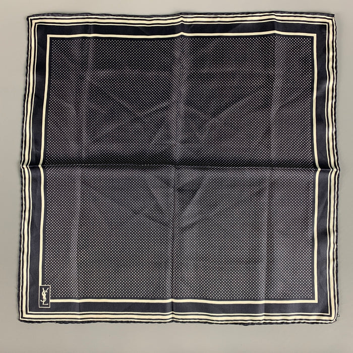YVES SAINT LAURENT Navy White Polka Dot Silk Satin Pocket Square