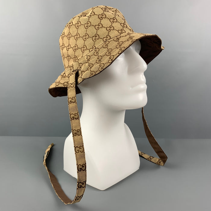 GUCCI Size XL Tan Brown Monogram Canvas Reversible Bucket Hat