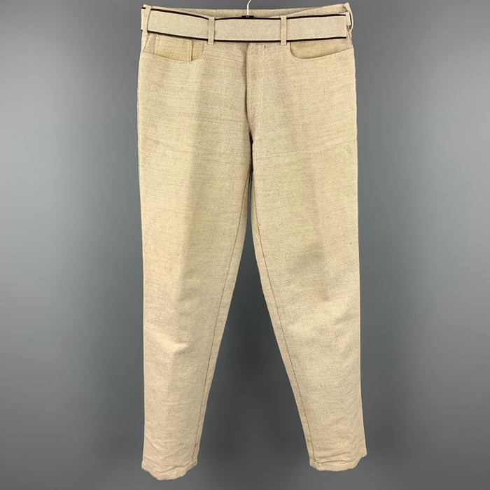 PRADA Size 32 Beige & Black Woven Cotton / Linen Belted Casual Pants