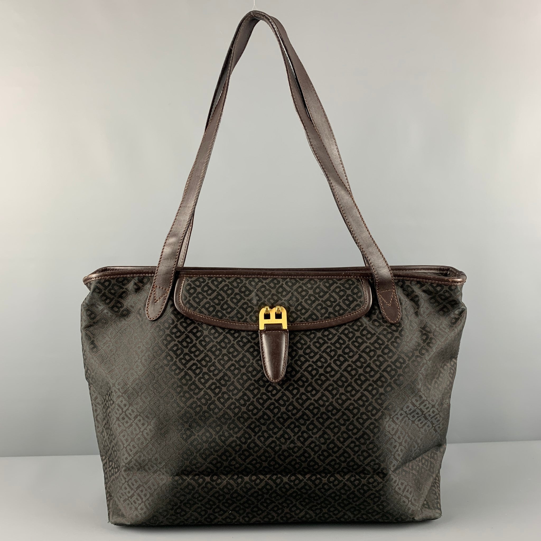 Gianni Versace Brown Monogram Canvas Fabric and Leather Tote Shoulder Bag
