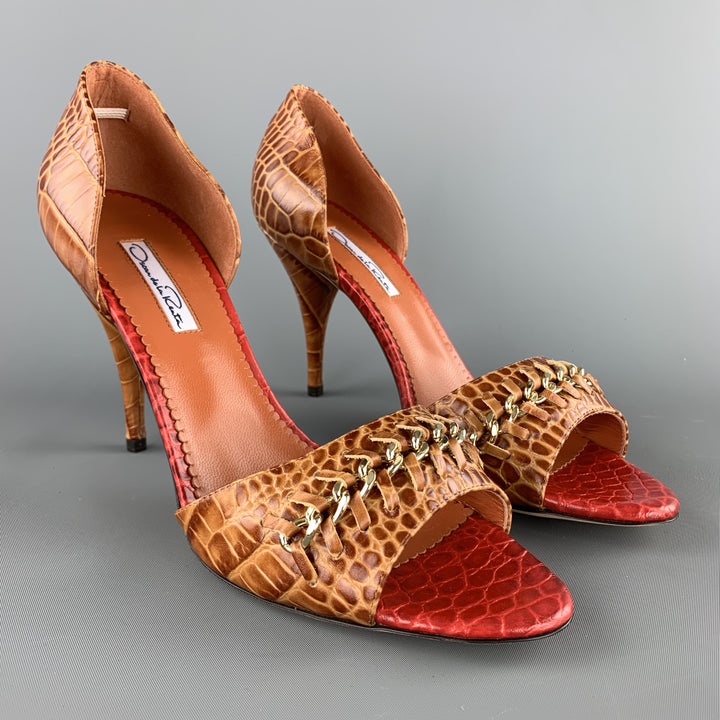 OSCAR DE LA RENTA Size 10 Brown Alligator Embossed Leather Chain Strap D'orsay Pumps