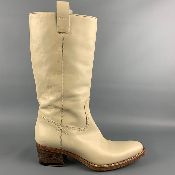 GUCCI Size 7 Cream Leather Pull On Knee High Boots