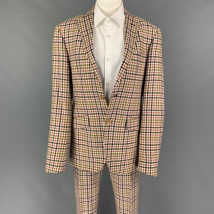 ETRO Size 36 White Brown Pink Plaid Silk Blend Notch Lapel Suit