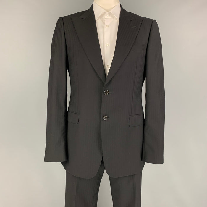 GUCCI Size 42 Long Black Stripe Wool Peak Lapel Suit