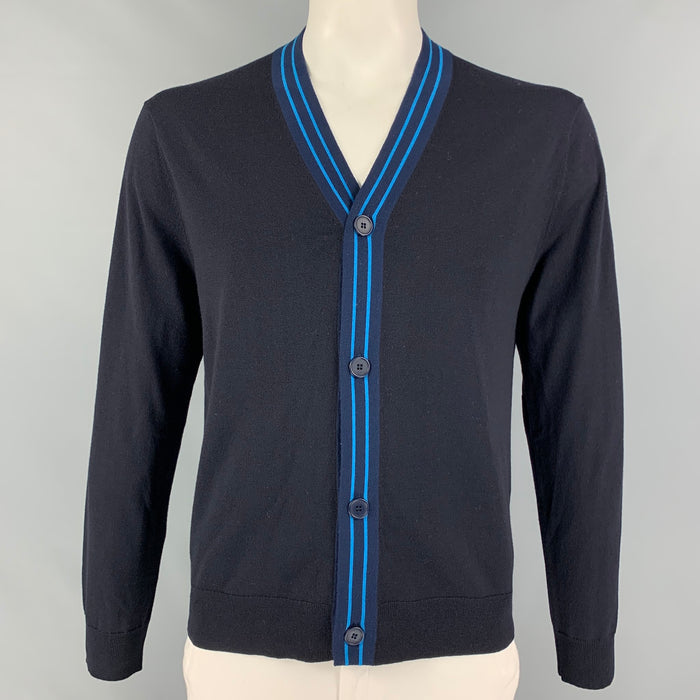 SANDRO Size L Navy Black Striped Trim Lana Wool Buttoned Cardigan