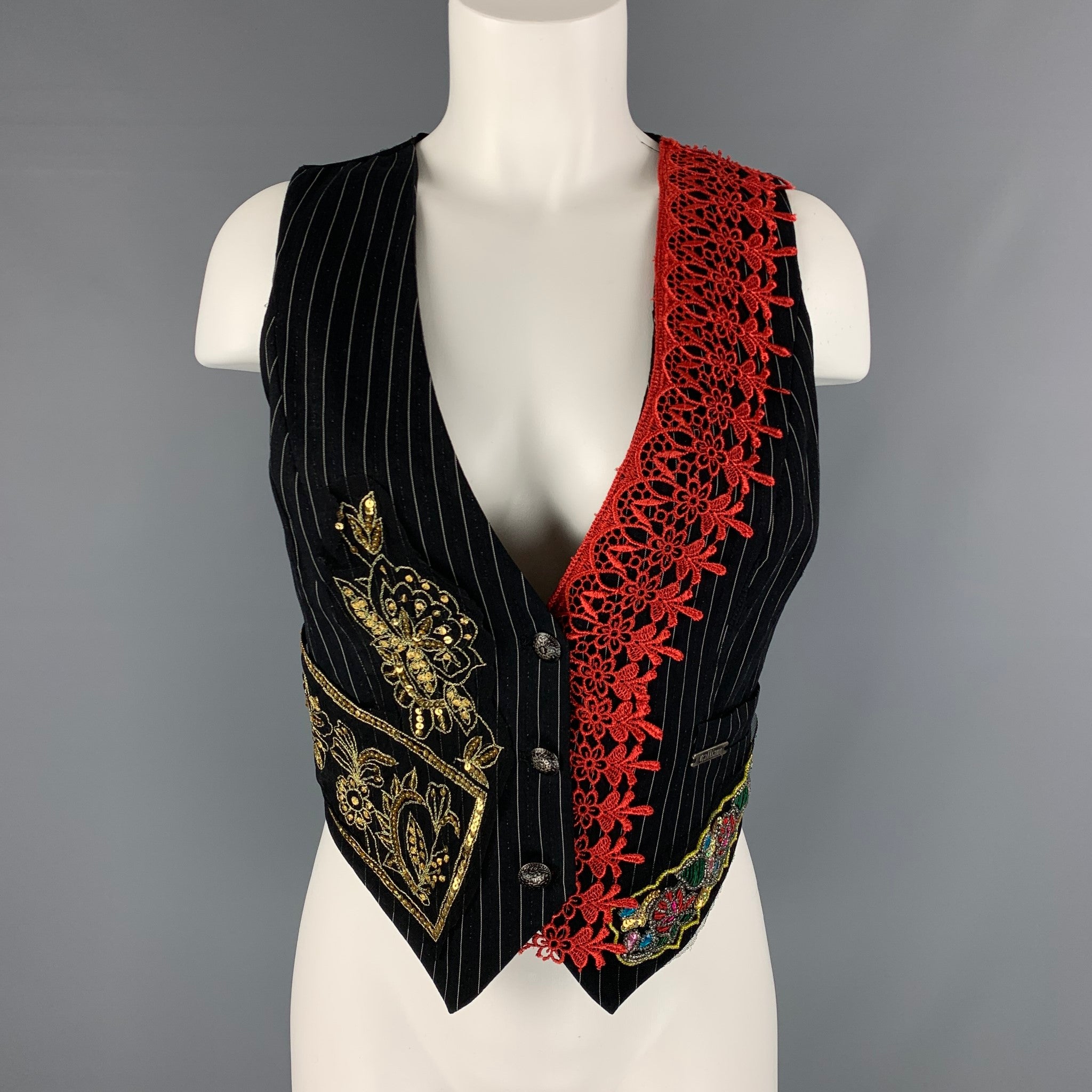 JOHN GALLIANO Size M Black & Red Gold Pinstripe Newspaper Vest