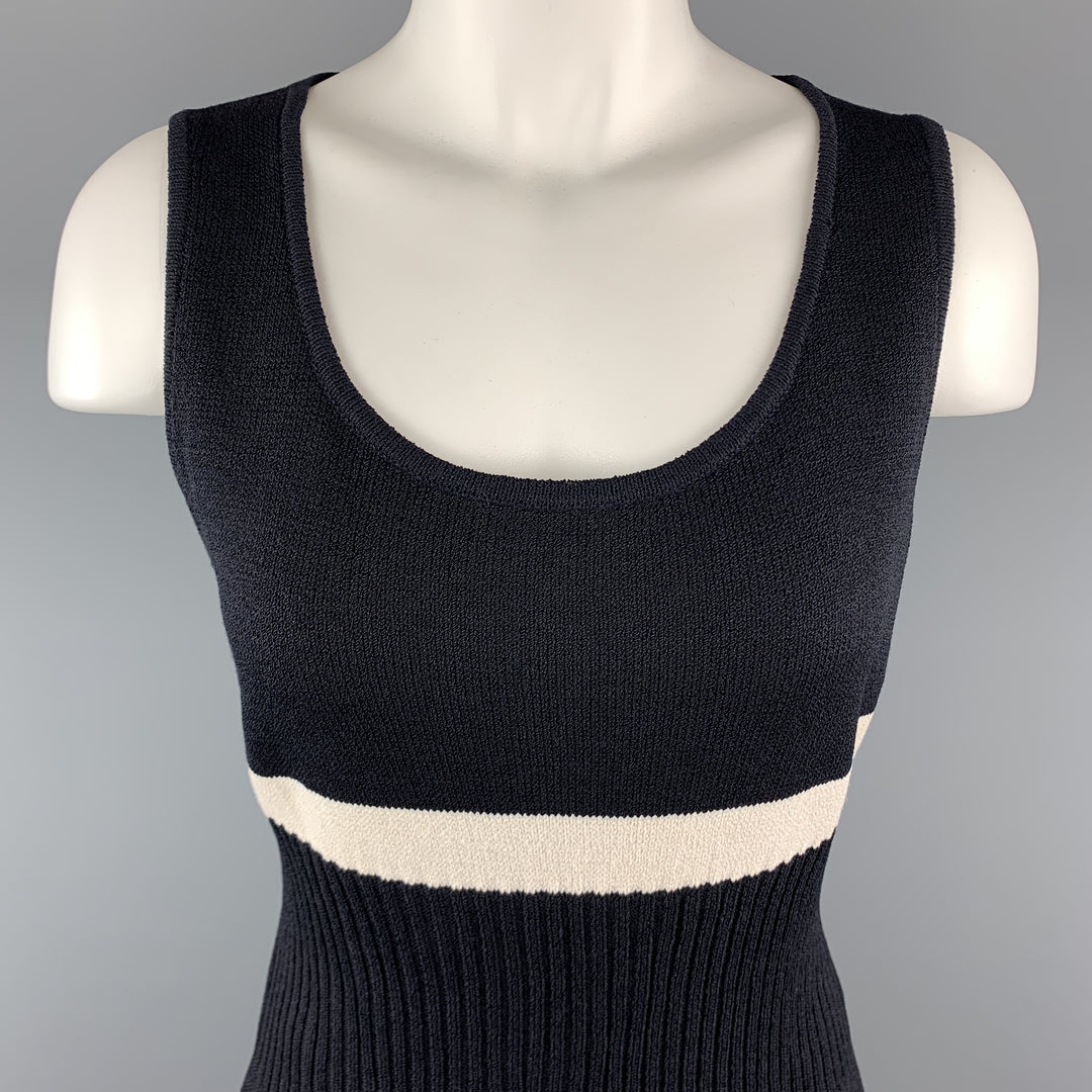 ST. JOHN Size S Black Wool/Rayon Knitted Striped Sleeveless Dress