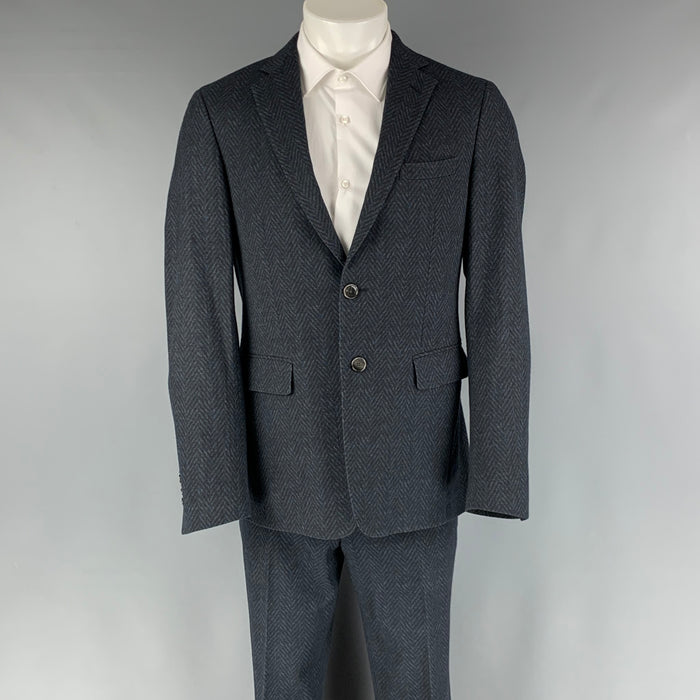 ETRO Chest Size 38 Navy Black Herringbone Wool Blend Notch Lapel 32 Sport Coat